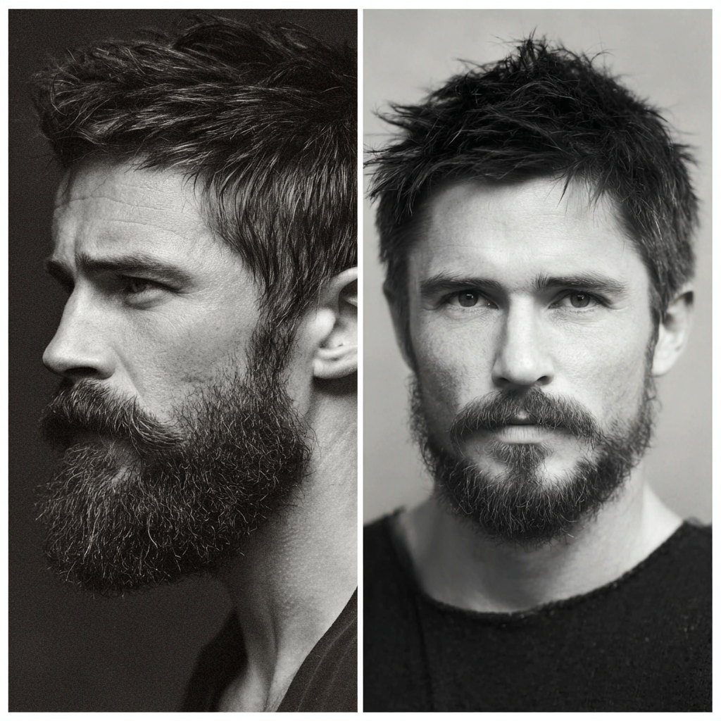 Anchor beard style with pointed shape and mustache combination for face definition