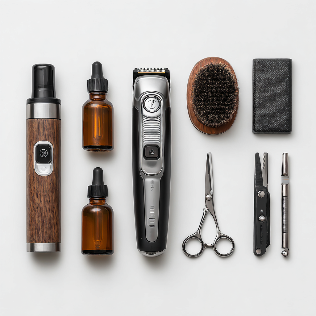 Essential beard grooming tools including trimmer, oil, brush, and scissors arranged professionally