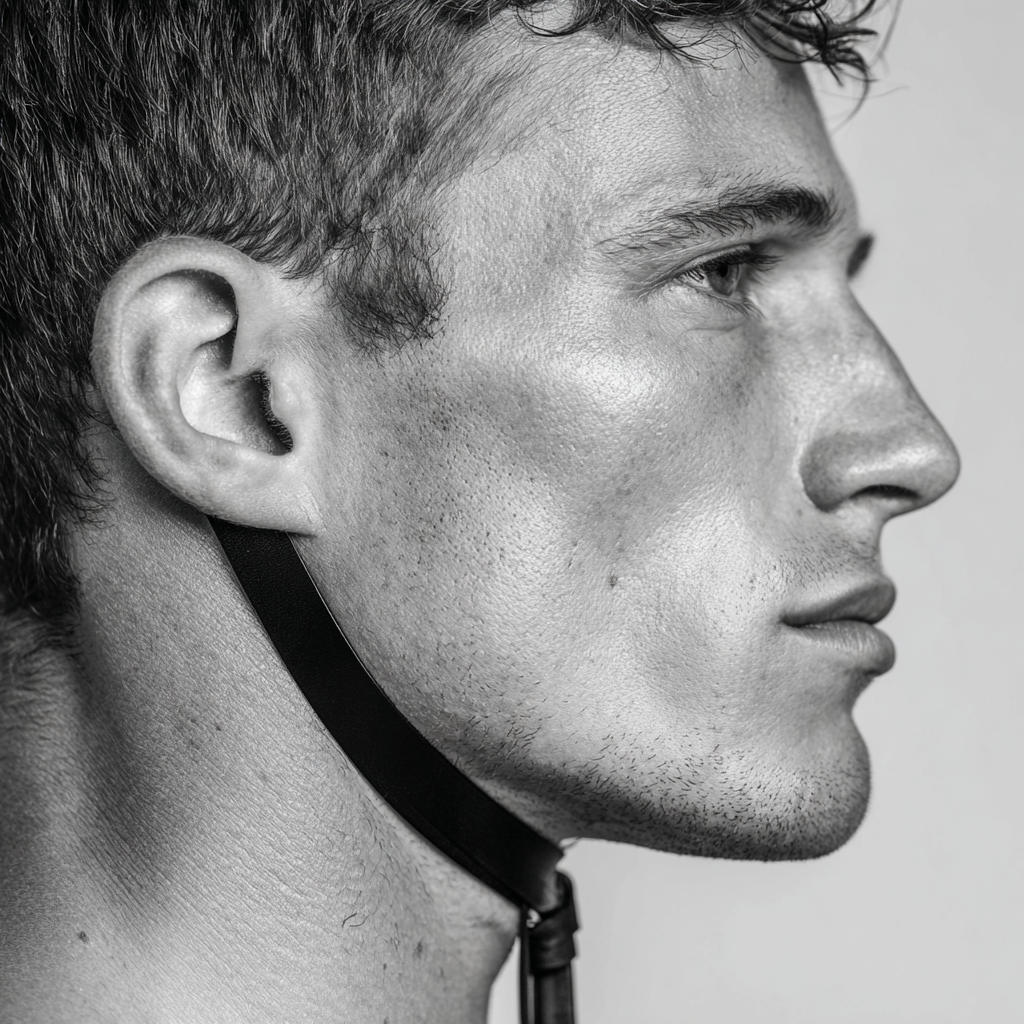 Minimalist chin strap following jawline precisely for subtle but striking accent
