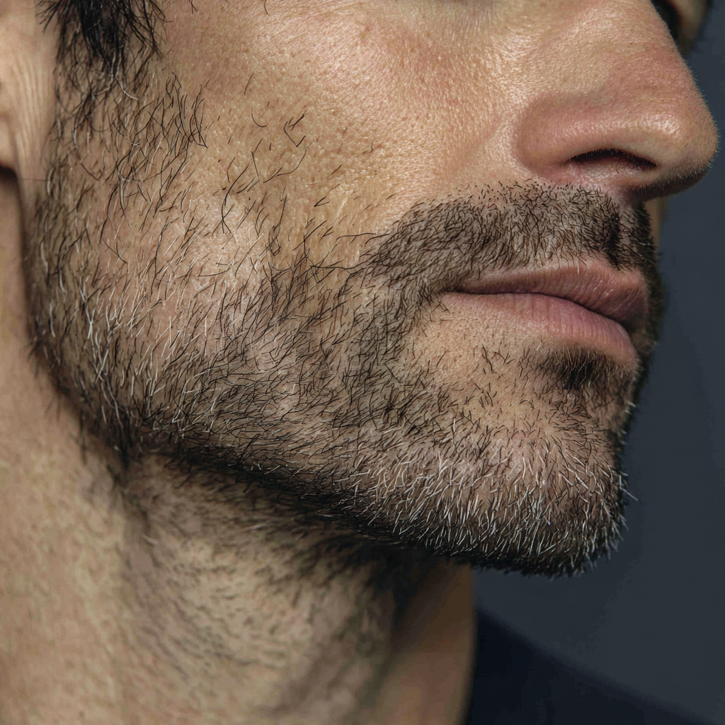 Textured stubble showing natural dimension and varying lengths for effortless appearance